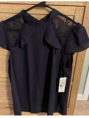 Blue Lace Inset Mock Neck Blouse Size M NWT Cap Sleeve